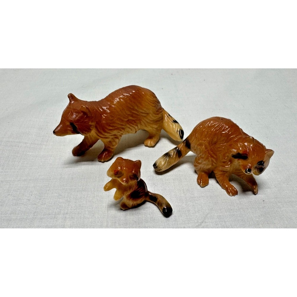 3 Miniature Raccoon Family Figurines Hard Plastic Made Hong Kong Mom baby dad